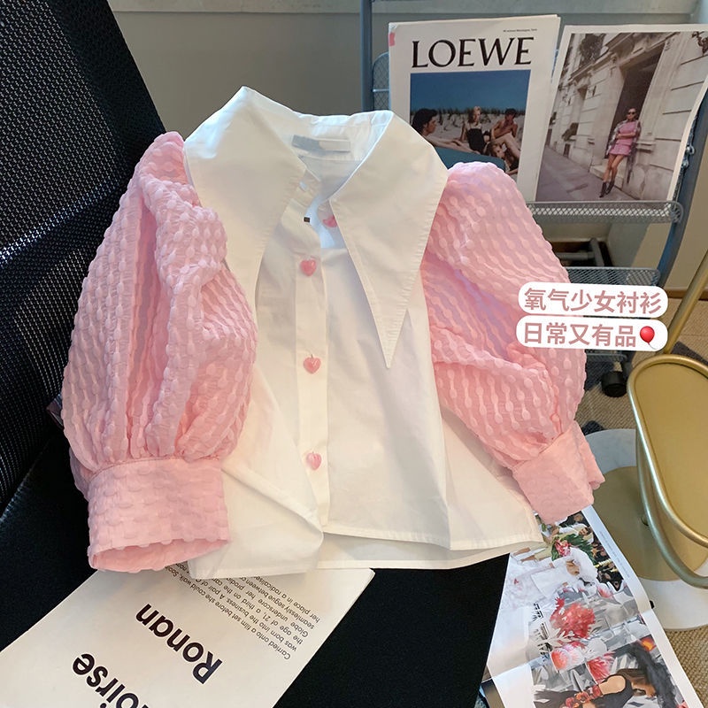 Áo Sơ Mi Ngắn Tay Phồng Ngắn Cổ Bẻ Phối Nút Hình Trái Tim Màu Hồng Ngọt Ngào Thời Trang Mùa Hè Cho Nữ