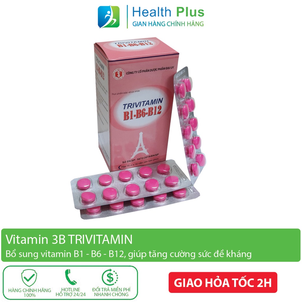 Vitamin 3B Trivitamin Hộp 100 Viên Nén Đ.Y - Bổ Sung Vitamin Nhóm B B1 - B6 - B12 Giúp Tăng Cường Sức Đề Kháng