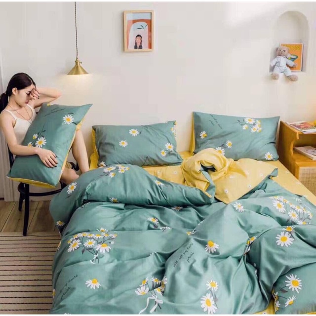 ۩﹍Bộ chăn ga gối cotton poly - Hoạ tiết hoa cúc vàng.