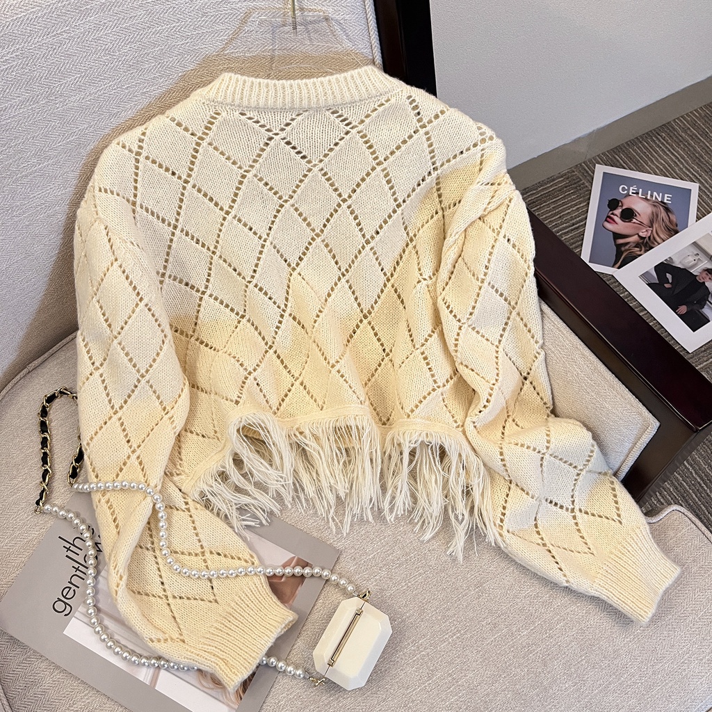 NUZIRO  Áo khoác cardigan  len dệt kim mềm mại phối tua rua phong cách Hàn Quốc thời trang dành cho nữ