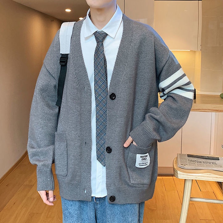 Áo khoác cardigan dáng rộng cổ chữ V phong cách mùa thu cho nam