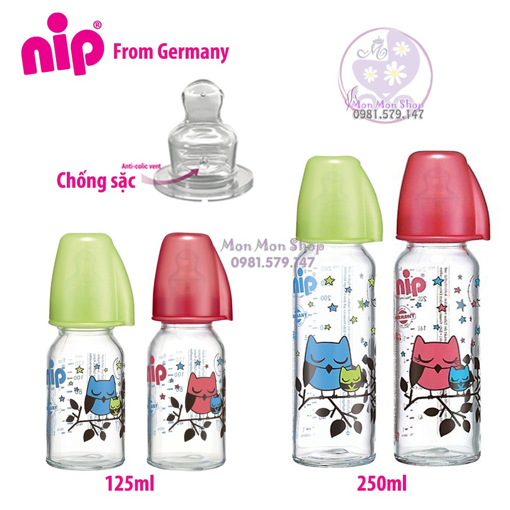 Bình sữa NIP thủy tinh cổ thường/ cổ hẹp tiêu chuẩn 125ml / 250ml có núm ty chỉnh nha, chống sặc ( Made in Germany)