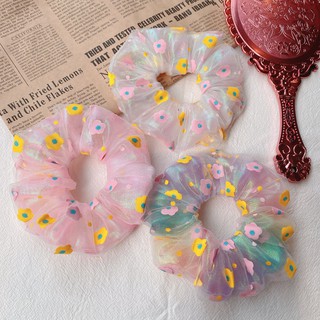 Cột tóc scrunchies 2 lớp, scrunchies thiết kế lưới hoa nhí trắng hồng