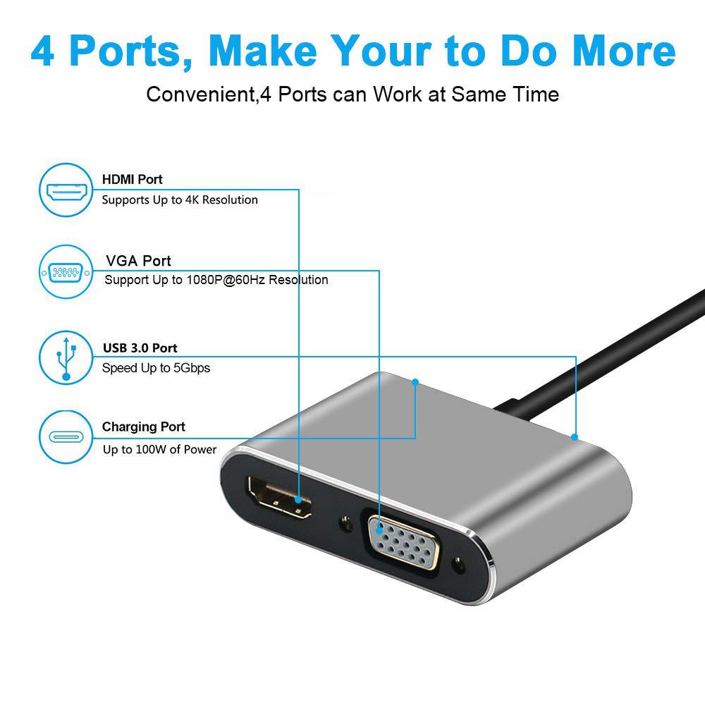 Bộ Chuyển Đổi Âm Thanh Norman Usb 3.0 4k Type C Sang Hdmi / Vga / Usb / Usb-C 4 Trong 1 Type-C Hdmi + Vga + Pd Hub