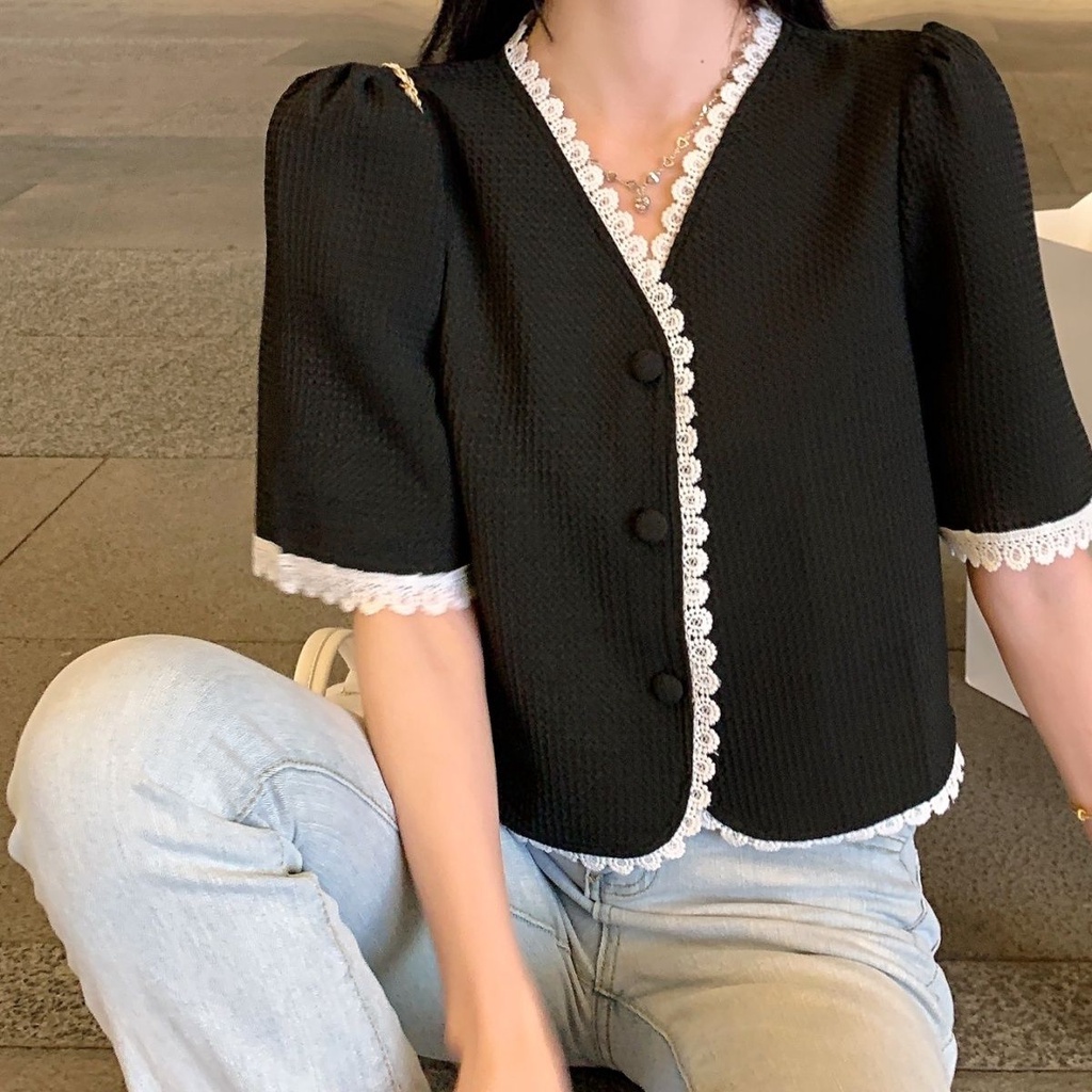 Áo Kiểu Cổ Chữ V Tay Ngắn Thời Trang Xuân Hè Phong Cách Pháp 2022 Mới Cho Nữ