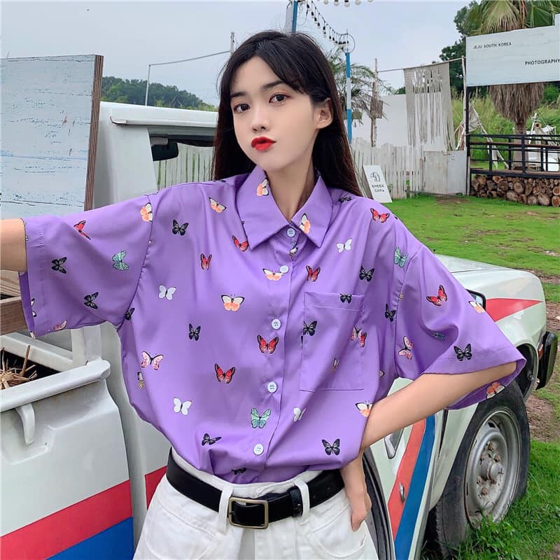 ÁO SƠ MI BƯỚM OVERSIZE TAY LỠ - ÁO LOANG SƠ MI BƯỚM TÍM - ÁO SƠ MI LOANG BUTTERFLY ĐEN TRẮNG NHIỀU MÀU