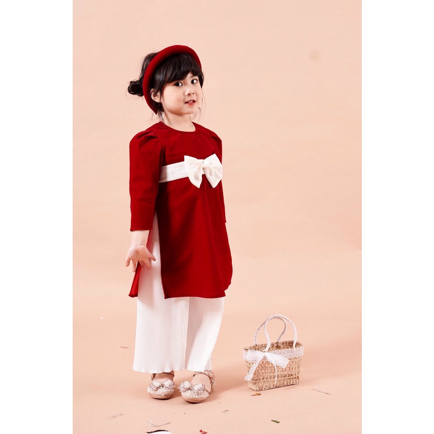Áo Dài Nhung Bé Gái Set 3 Chi Tiết Cả Mấn Kim Nhung Siêu Xinh