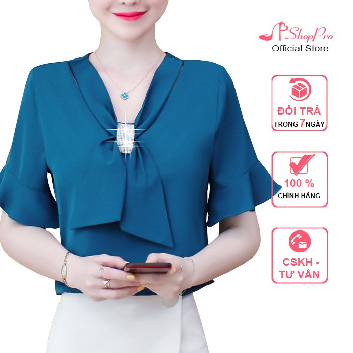 SHOPPRO - ÁO SƠ MI CÔNG SỞ KIÊU ÁO SƠ MI CỔ V HÀN QUỐC TAY LOE PHỐI NƠ NGỰC ĐÍNH CƯỜM 3A04 3A03 3A10 3A11 3A18 3A19