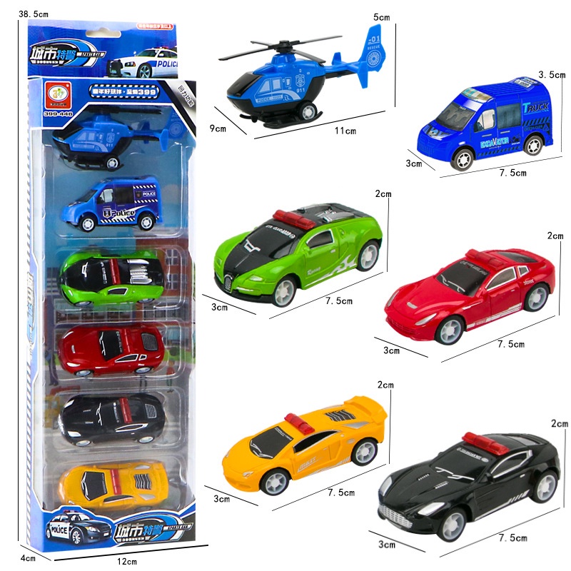 Bộ 6 xe đồ chơi chạy trớn cỡ nhỏ mô hình xe ô tô xe cứu hỏa cảnh sát máy bay trực thăng xe đua