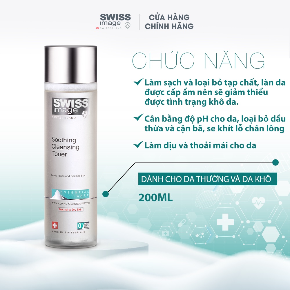 Nước hoa hồng dịu da cấp ẩm cho da thường và da khô Swiss Image Soothing Cleansing Toner 200ml