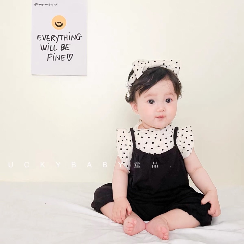 Yếm cho bé gái_Set chấm bi 3 món kèm turban