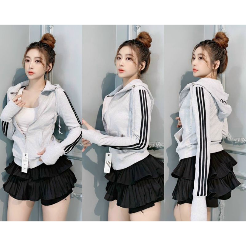 Áo khoác thun có nón tay dài phối sọc trắng siêu xinh rẻ đẹp