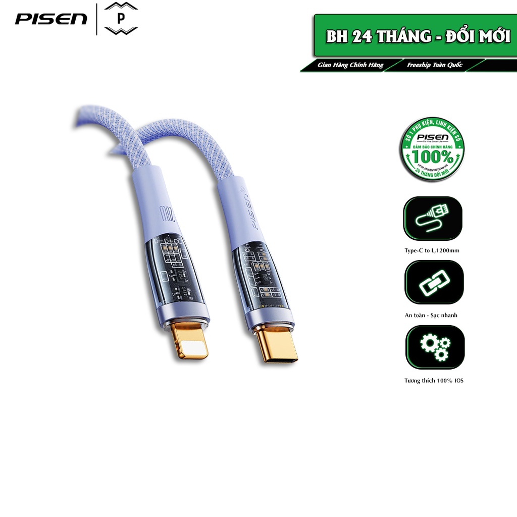 Combo sạc nhanh cao cấp Pisen Quick 30W Ice Crystal Rainbow,sạc nhanh, công suất sạc 30w kèm cáp trong suốt