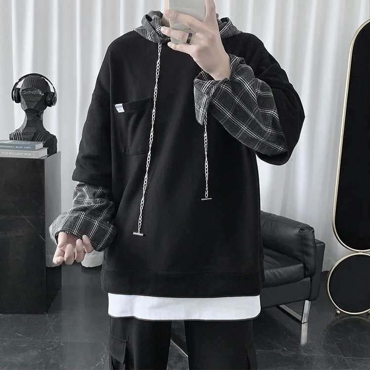 Áo Hoodie Giả Nhiều Lớp Họa Tiết Sọc Caro Trẻ Trung Cho Nam