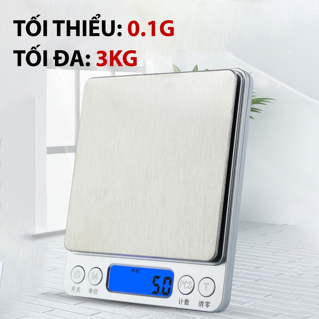 Cân tiểu ly li điện tử nhà bếp mini định lượng thực phẩm 0.1g tới 3kg (Tặng kèm 2 pin), làm bánh, gia vị