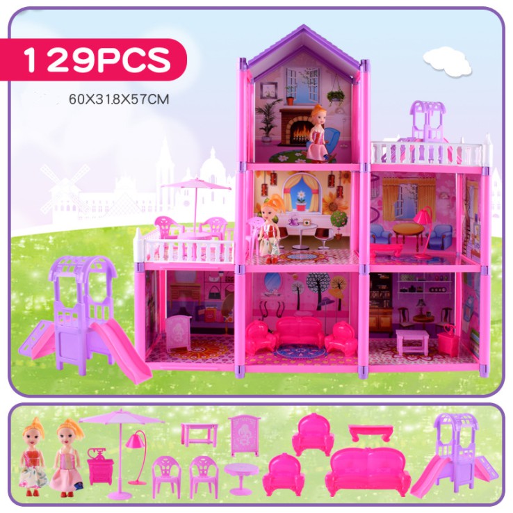 Bộ mô hình nhà búp bê Barbie cỡ lớn 60x18x57cm (DxRxC) đủ phụ kiện như ảnh chụp thực tế