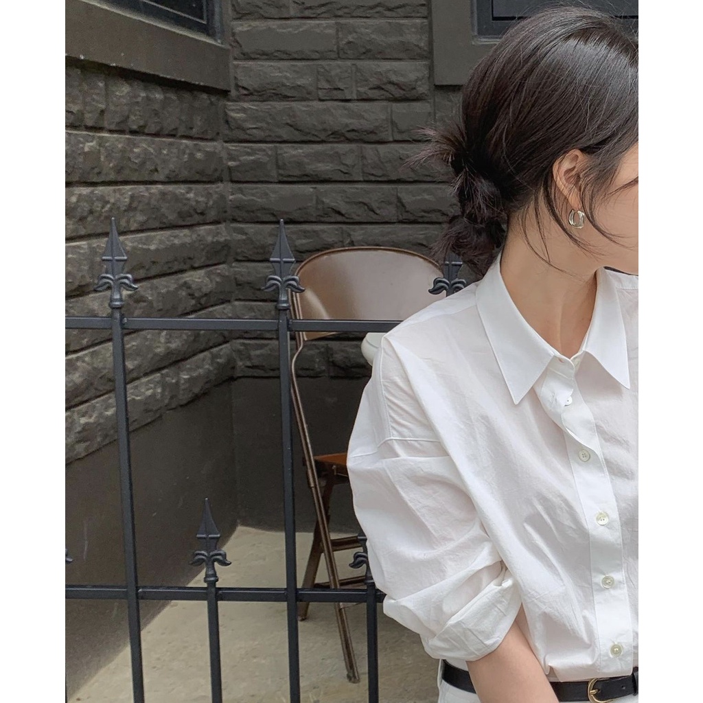 Áo Sơmi basic chất cotton thô tay dài freesize phong cách Hàn