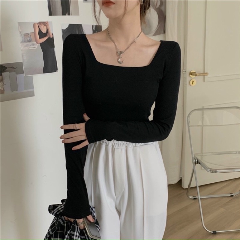 Áo Croptop Tay Dài ⚠️ áo dài tay Thun Kiểu Cổ u Chất Thun Cotton Dáng Ôm Nữ Tính Đen/Trắng