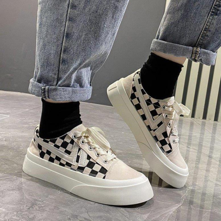Giày thể thao nữ độn đế quảng châu caro cổ thấp kiểu dáng classic 2 màu đen và xám hot hit