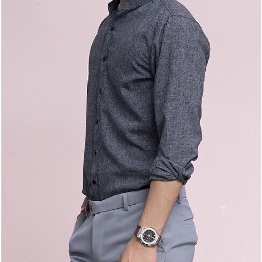 Áo sơ mi đũi CỔ TÀU màu Xám Tiêu , áo sơ mi nam chất vải đũi cao cấp (SMTD)