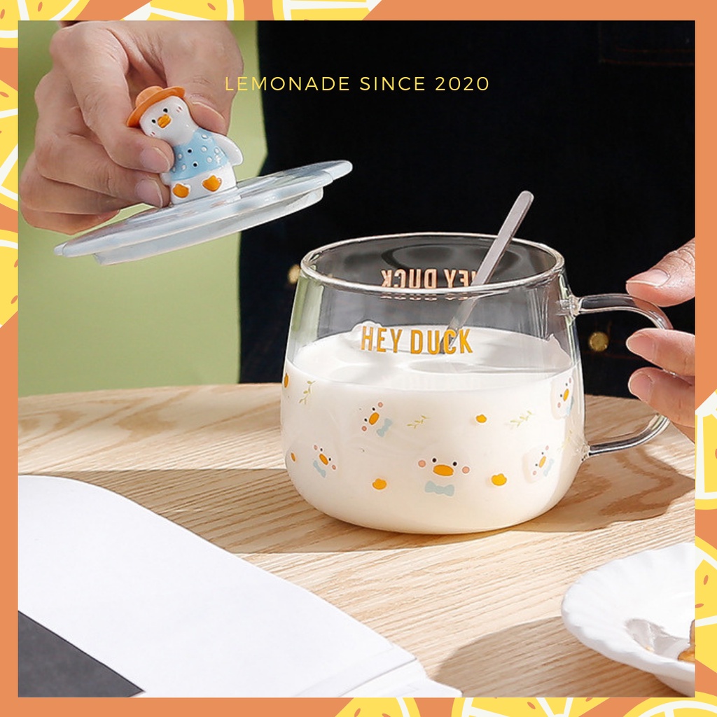 Cốc thủy tinh nắp sứ hình vịt nghiêng Hey Duck dễ thương kèm thìa