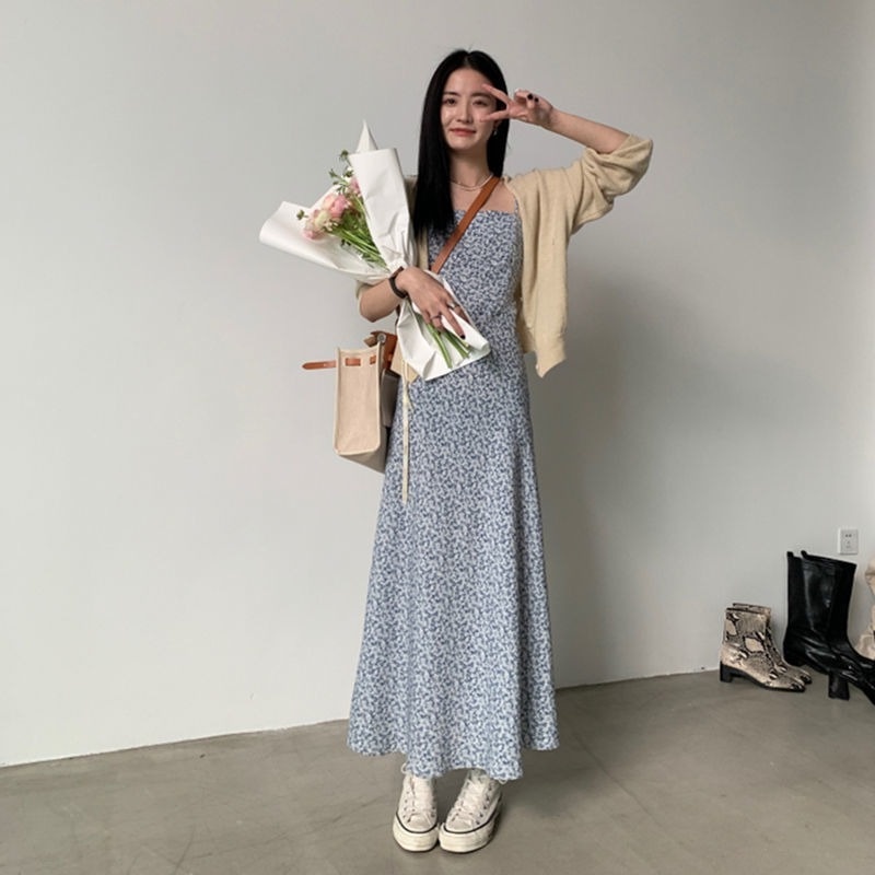 Đầm Hai Dây Ôm Eo In Họa Tiết Hoa Nhỏ Phong Cách Pháp Cổ Điển Thời Trang Cho Nữ