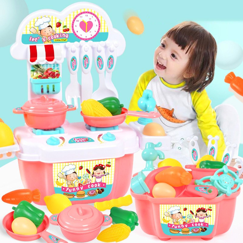 Bộ đồ chơi nấu ăn, Bộ nấu ăn cho bé 22 món kèm bàn bếp và tủ bếp bằng nhựa nguyên sinh ABS an toàn BBShine – DC015
