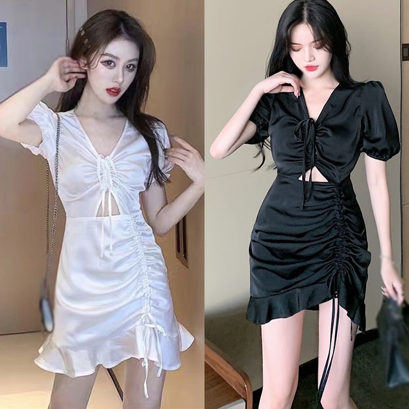 Đầm Tay Phồng Màu Trơn Phối Dây Rút Quyến Rũ Cho Nữ Kiểu Hàn Quốc