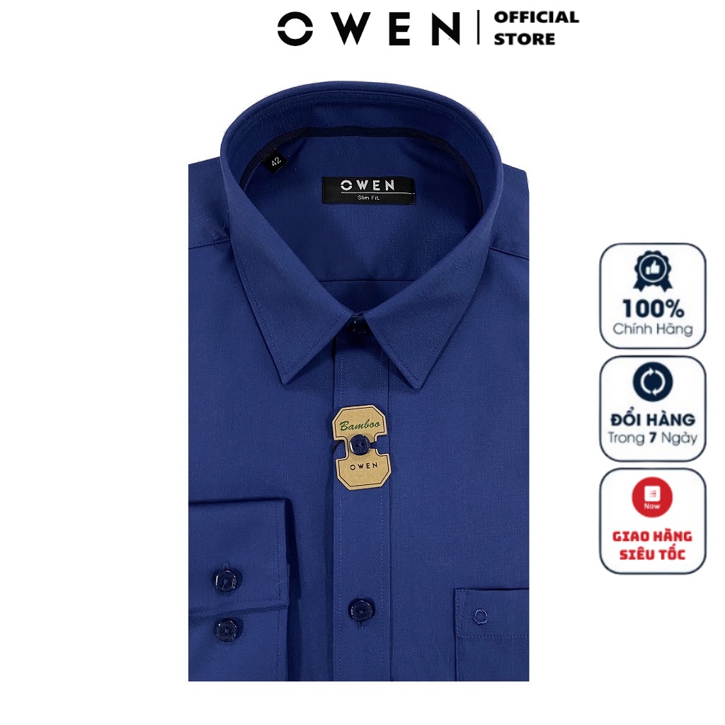Áo Sơ Mi Nam Dài Tay OWEN AS23412D Somi Công Sở Cao Cấp Màu Xanh Than Trơn Dáng Ôm Tà Lượn Có Túi Vải Sợi Tre Mềm Mát