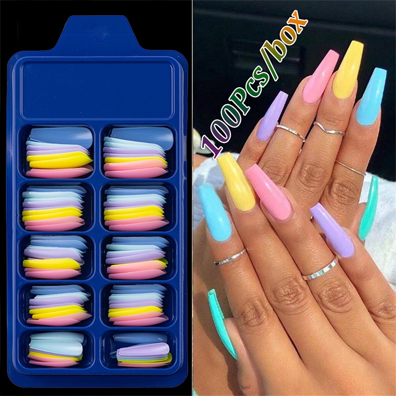 [Hàng mới về] Hộp 100 móng tay giả bằng nhựa acrylic nhiều màu sắc