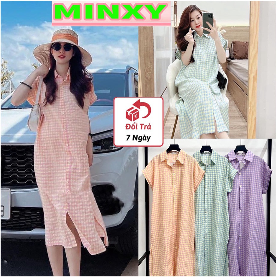 Váy sơmi basic xốp kẻ ô,đầm dáng suông,maxi dài đủ 3 màu bầu bí bon chen thoải mái-Minxy shop