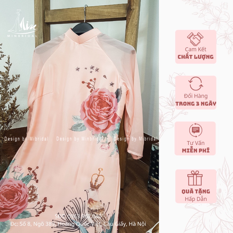 Áo dài các tân dáng xuông 4 tà chất liệu voan tơ óng in hoa văn, màu vàng | BigBuy360 - bigbuy360.vn