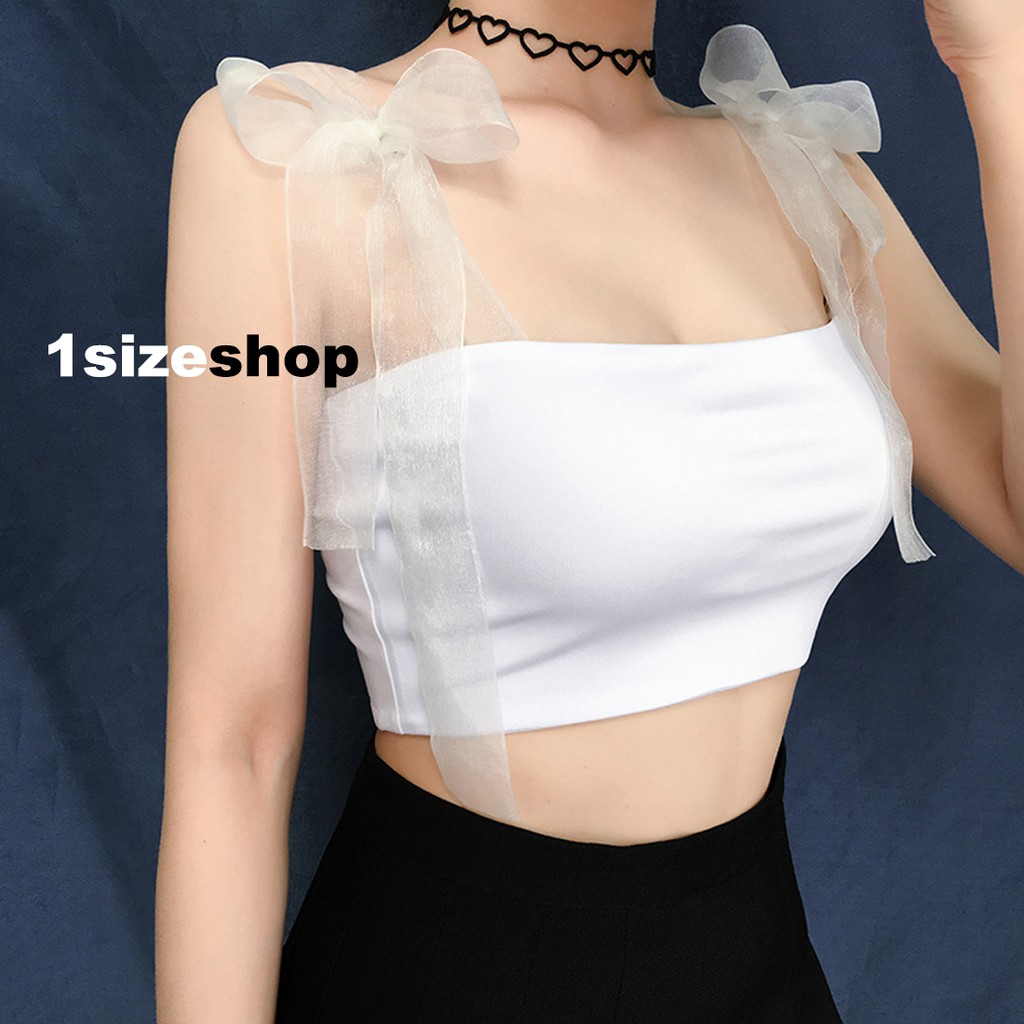 Áo hai dây nữ dáng ôm dây buộc nơ gồm 2 màu đen, trắng 1sizeshop