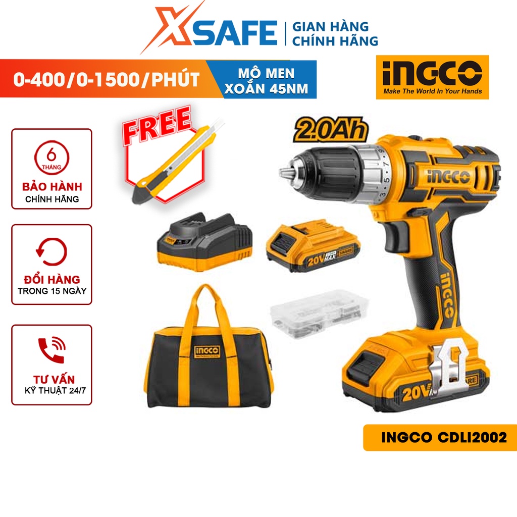 Máy khoan pin cầm tay 20V INGCO CDLI2002 hai tốc độ 400-1500v/p đầu khoan khóa tự động, khóa trục chính, kèm 2 pin 1 sạc