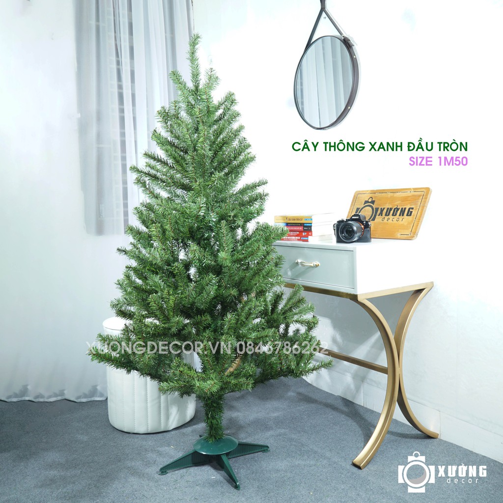 Cây Thông Noel tán dày 2m/ 1m8/ 1,5m xanh đầu tròn, Hàng Loại Đẹp Tặng Kèm Phụ Kiện