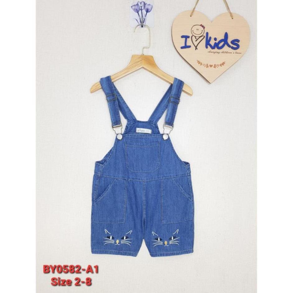 BY0582-A1 - Yếm bé gái jean giấy , thêu hình mèo , màu xanh đậm , size 2t-8t.