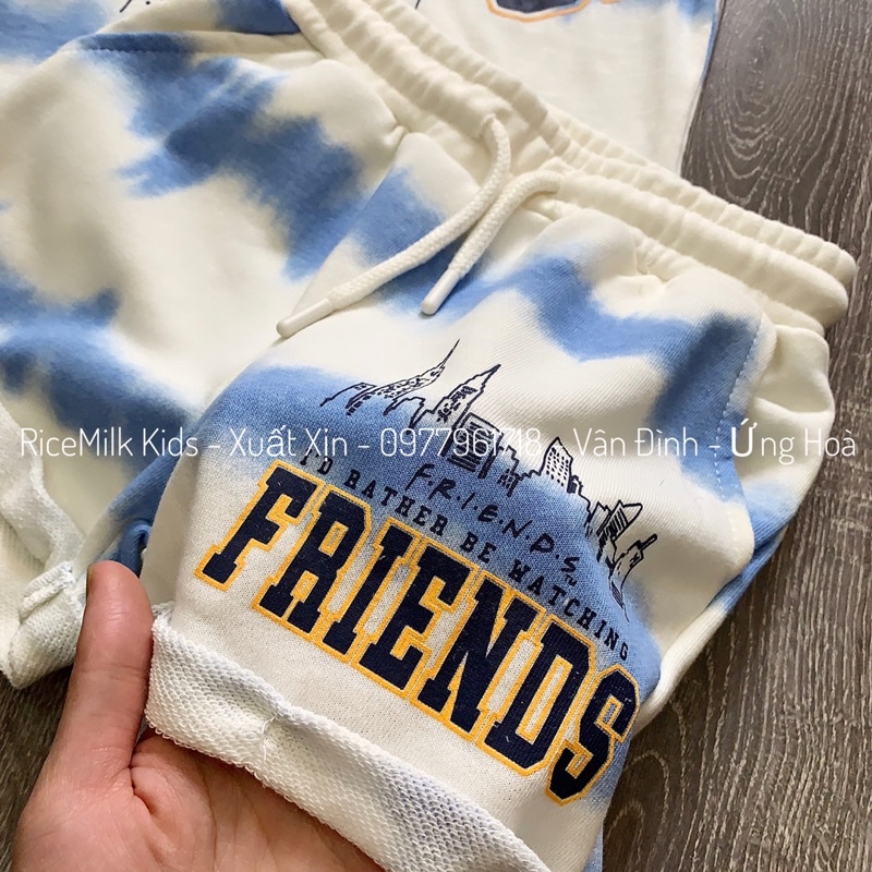 Bộ hè cotton cho bé trai bé gái màu xanh FRIENDS xuất dư xịn