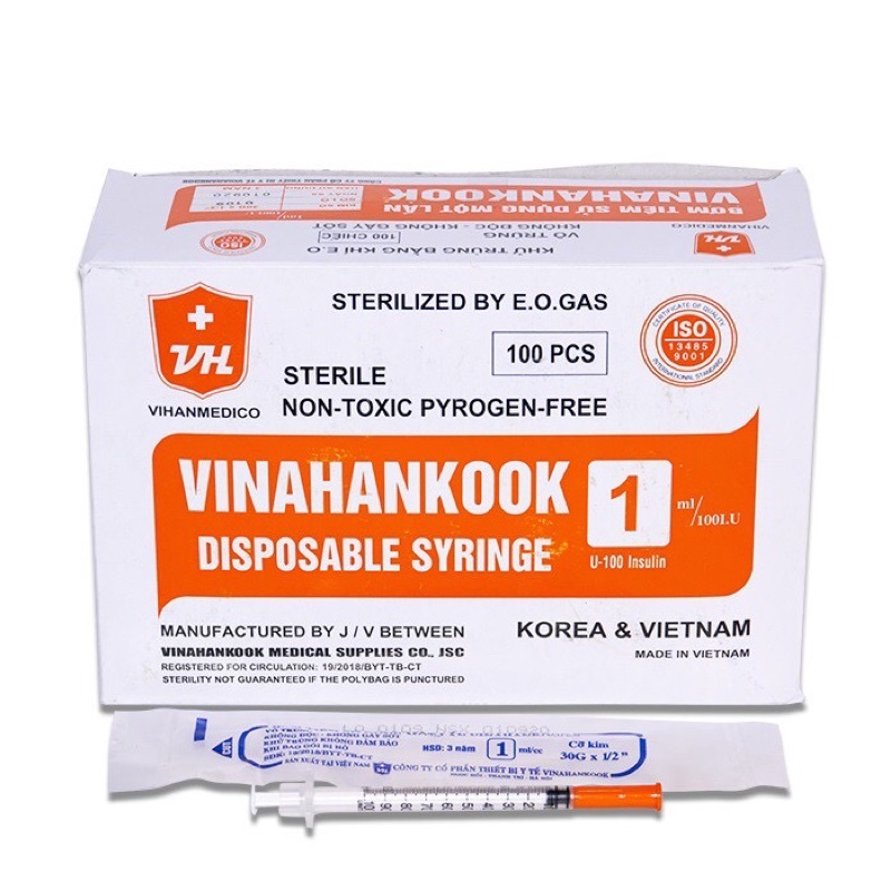 Hộp 100 Cây Bơm Tiêm Tiểu Đường VINAHANKOOK 1ml INSULIN U-100 Đầu Kim 30Gx1/2