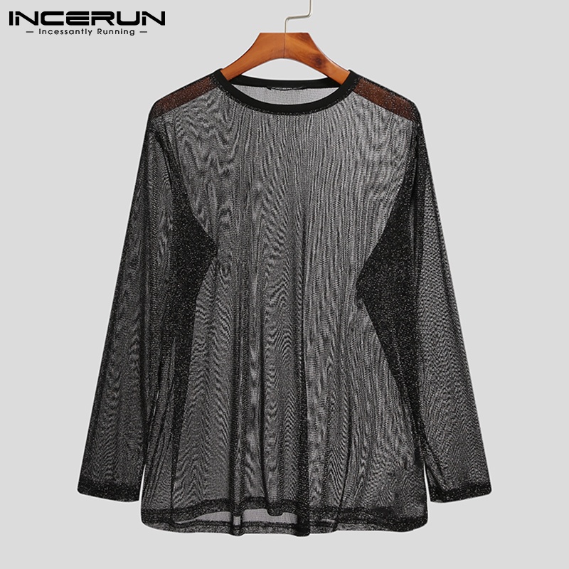 Áo thun INCERUN vải lưới mỏng xuyên thấu tay dài cổ tròn dáng rộng thời trang mùa hè cho nam