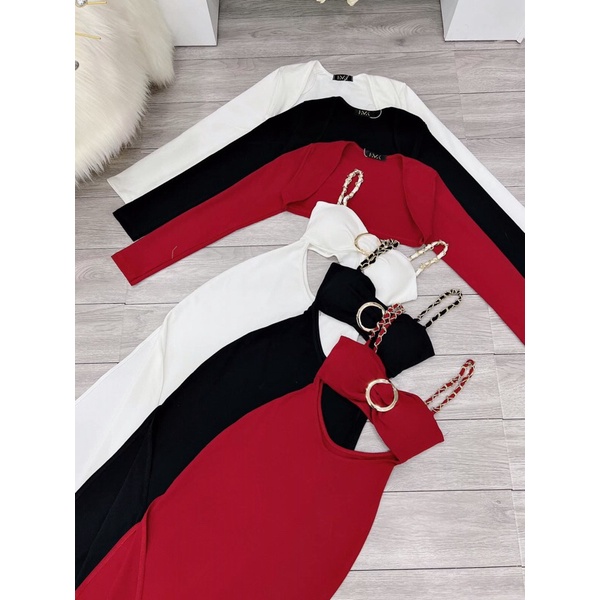 Set áo croptop tay dài + Đầm maxi khoen ngực xẻ tà