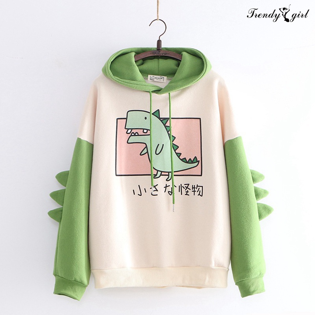 Áo Hoodie Cotton Pha Tay Dài In Họa Tiết Khủng Long Cho Bé Gái