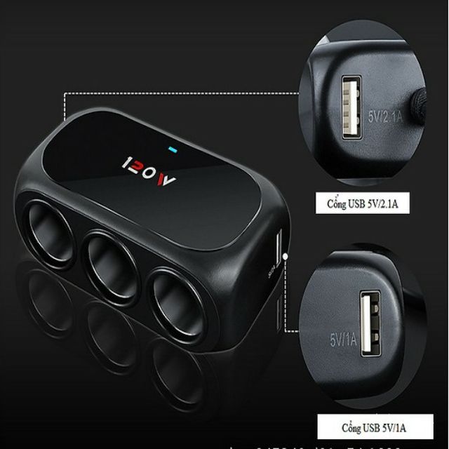 [FREE SHIP] Bộ chia tẩu cắm sạc trên oto ( 3 Cổng cắm tẩu+ 2 cổng USB)
