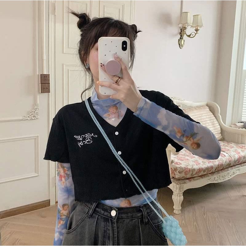 [C77] Áo croptop cộc tay cài cúc BABY trắng đen - Áo croptop cộc tay nữ chất thun tôn dáng freesize sexy