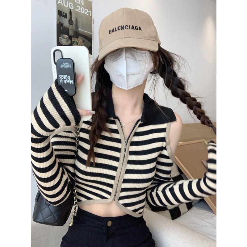 Áo Cardigan Dệt Kim Trễ Vai Tay Dài Họa Tiết Kẻ Sọc Màu Sắc Tương Phản Thời Trang Mùa Thu Cho Nữ