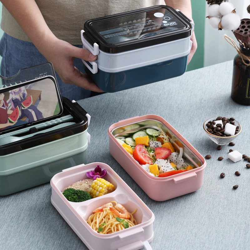 HOP3 - Hộp cơm văn phòng kèm bát canh LUNCH BOX hai tầng có đũa thìa tiện lợi nhựa an toàn giữ nhiệt tốt