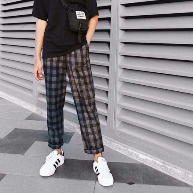 Quần caro xám xanh Plaid pants ảnh thật