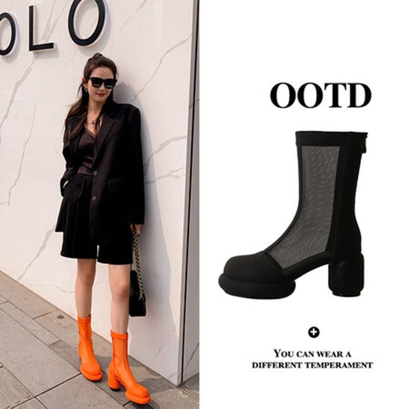 Giày Bốt Martin Phối Lưới Mỏng Gót Dày Thoáng Khí Thời Trang Mùa Hè Hàng Mới 2022 Dành Cho Bạn Nữ