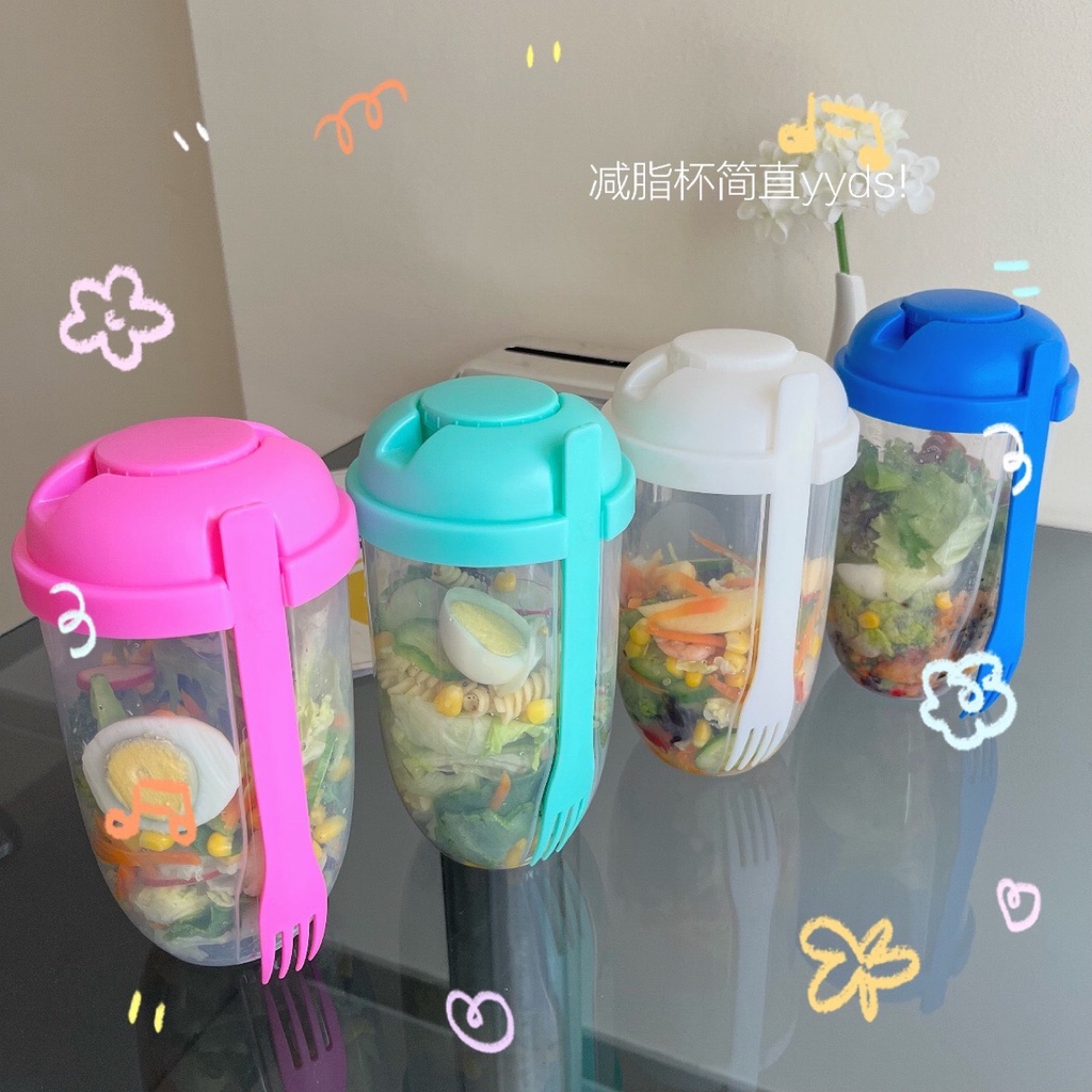 Bình trộn Salad, cốc trộn salad 1000ml chất liệu nhựa an toàn tiện lợi kèm hộp đựng sốt và dĩa