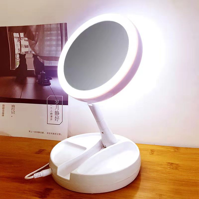 Gương trang điểm để bàn phấn có đèn led sạc kính tròn makeup phóng đại lật 2 mặt xoay 360 độ mini gấp gọn