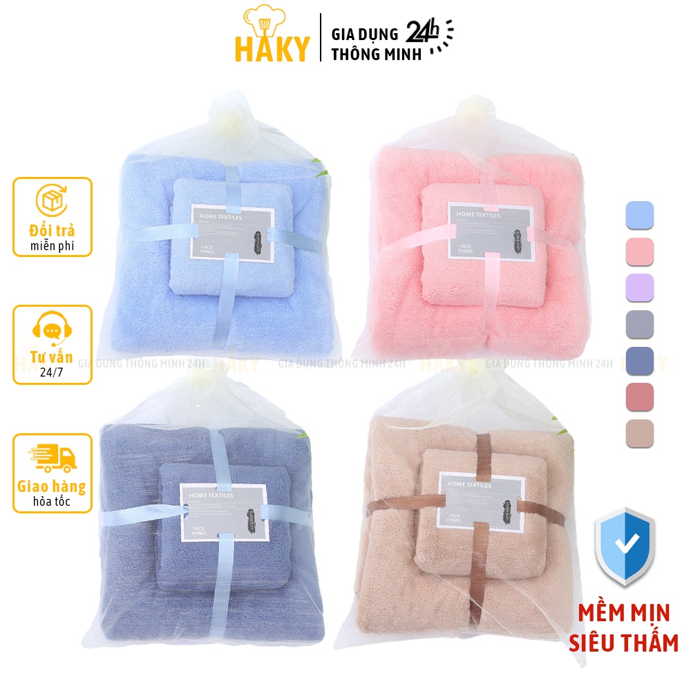 Set 2 khăn tắm lông cừu cao cấp siêu mềm mịn, thấm hút nhanh HAKY040, bộ combo 2 khăn tắm 70x140cm và 35x75cm
